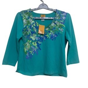 Ruby Rd Petite Turquoise Blue Floral 3/4 Sleeve V Neck Top PM